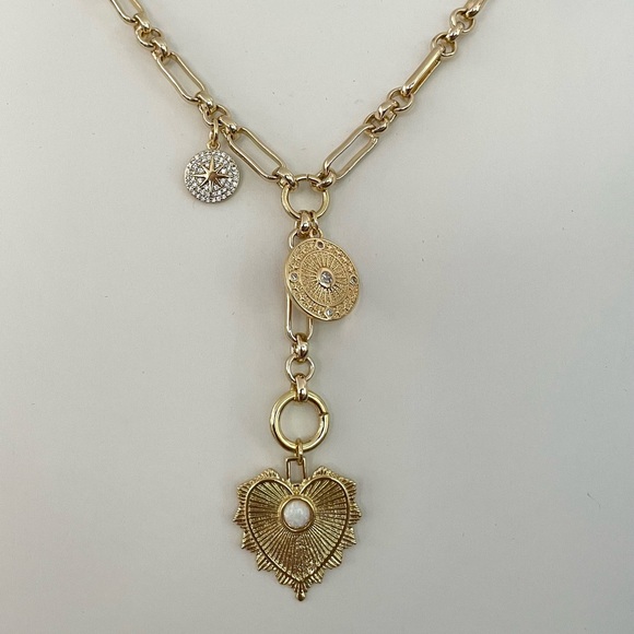 Heart Necklace with Pave Compass Star Charm Medallion - Picture 2 of 3